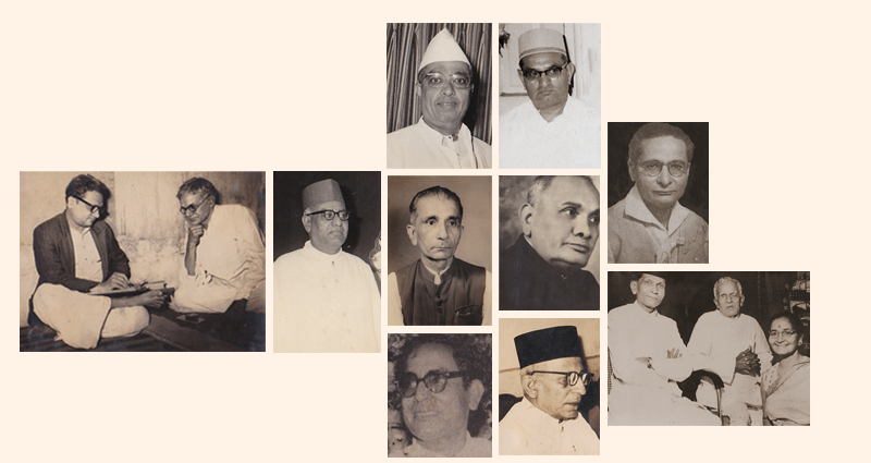 L to R: Friends and Associates of Kavishree - Jeevanlal Brahmbhatt taking dictation from Kavi Shri, Laxmidas Kalyanji (Annaji), Lalji Laxmidas, Kavi Manasvi Prantijwala, Ramchandra Thakur, Dungarshi Jamnadas, Raghunath Brahmbhatt, Manilal Bhatt, Chandravadan Mehta, Master Kasambhai, Kavi Shri and Motibai 